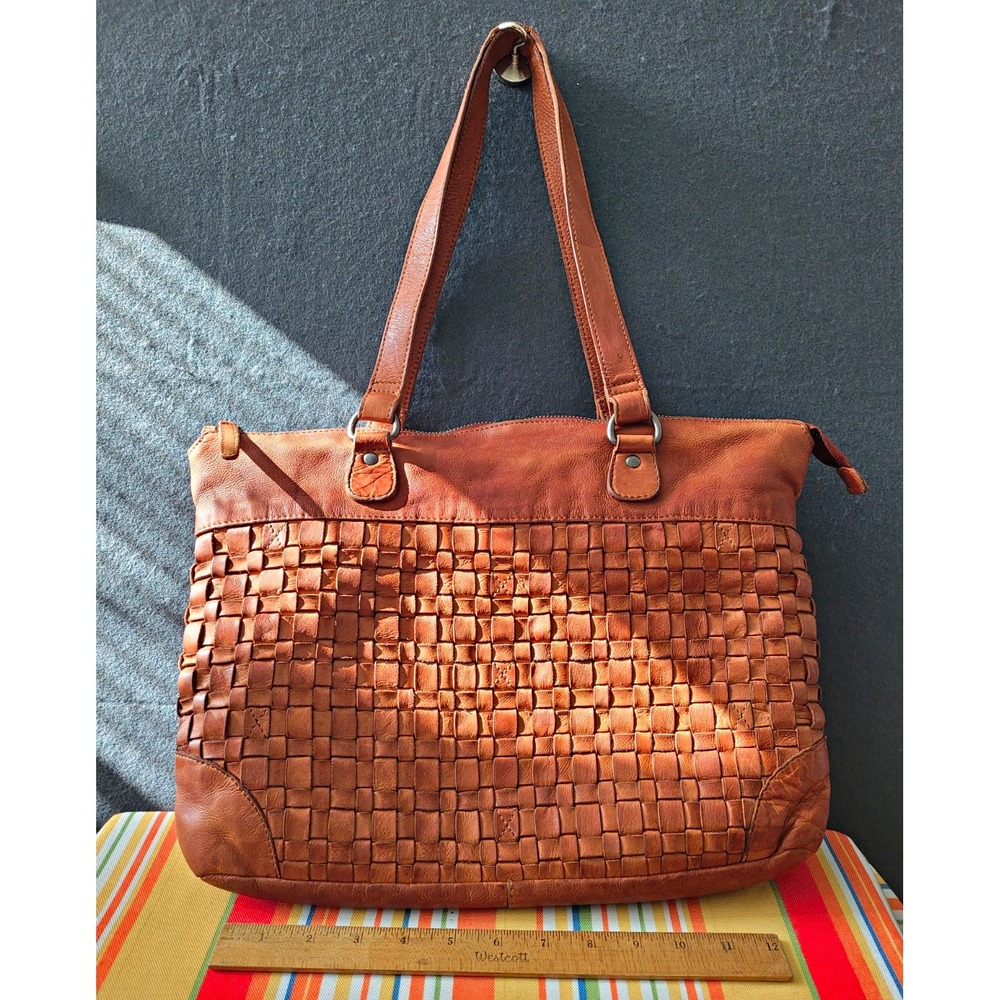Valenca Holland Leather Woven Tote Shoulder Laptop Bag, Zip Closure, Silver HW,